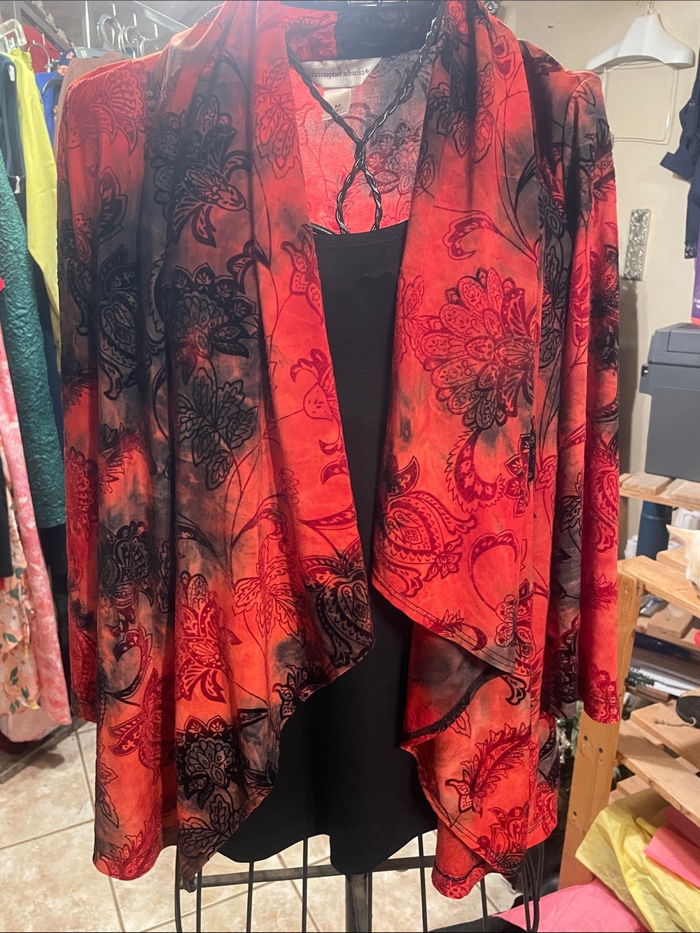 Christopher & Banks Red and Black Floral Open-Front Cardigan